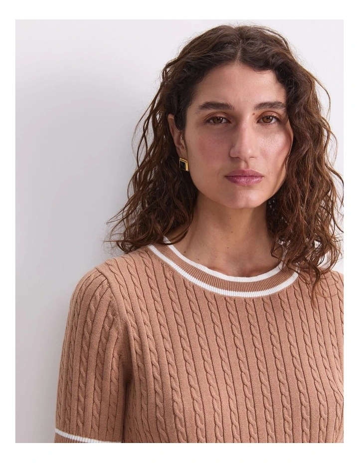 Elka Cable Short Sleeve Knit Jumper in Beige image 5