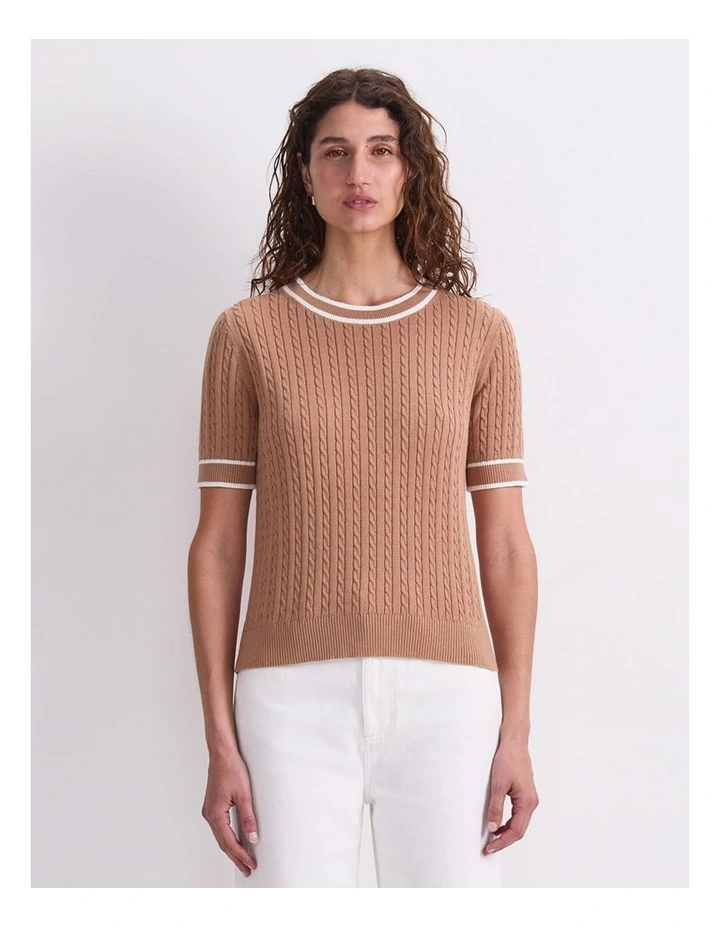 Elka Cable Short Sleeve Knit Jumper in Beige image 6