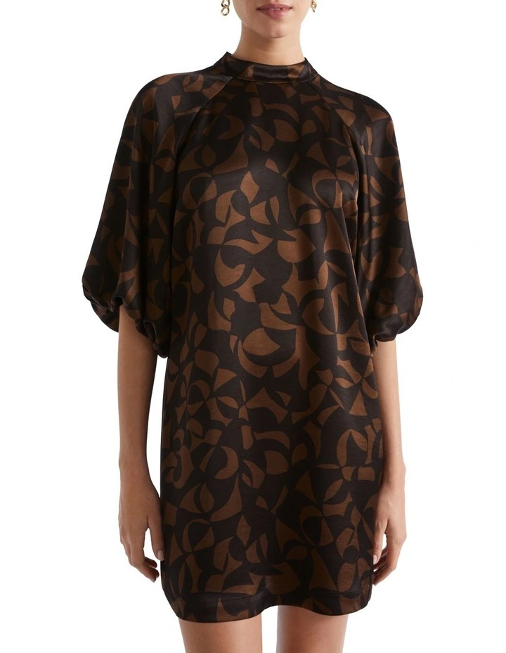 Abstract Mock Neck Mini Dress in Brown image 3