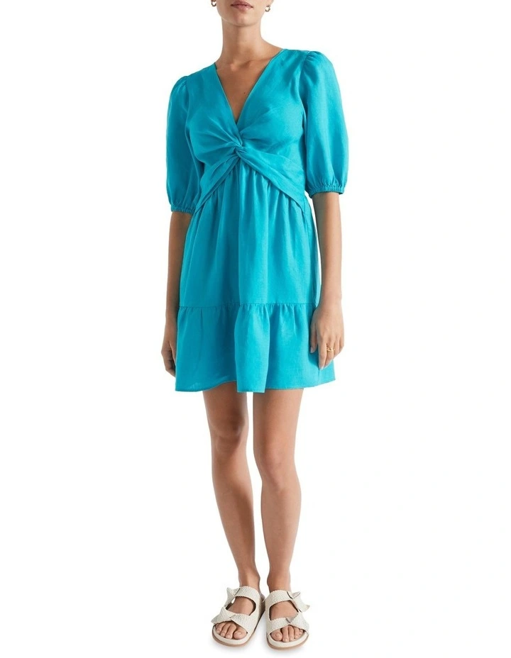 Linen Twist Front Mini Dress in Blue image 1