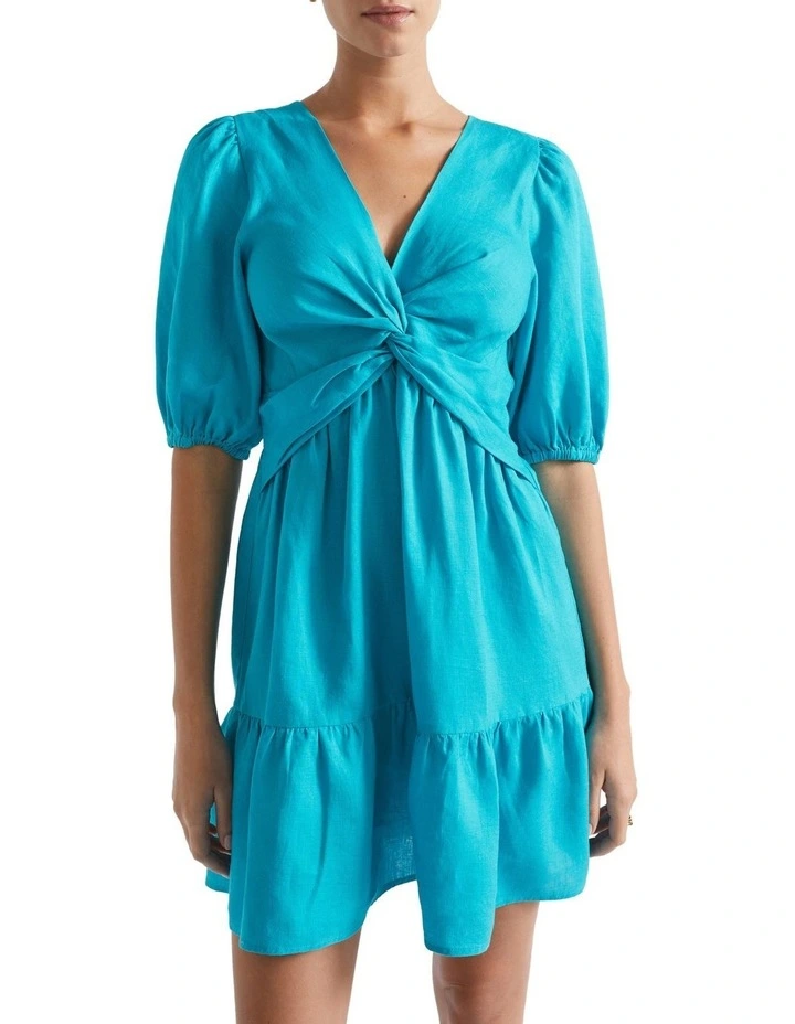 Linen Twist Front Mini Dress in Blue image 2