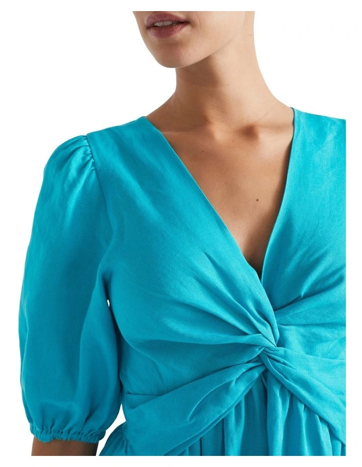 Linen Twist Front Mini Dress in Blue image 3