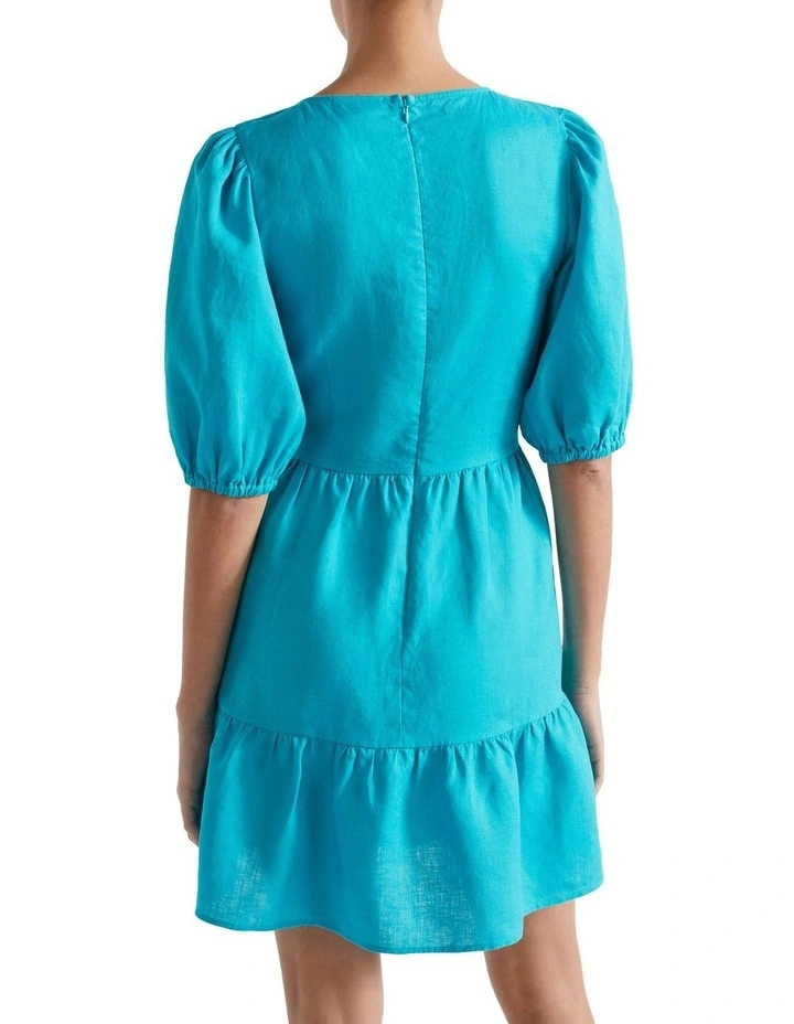 Linen Twist Front Mini Dress in Blue image 4