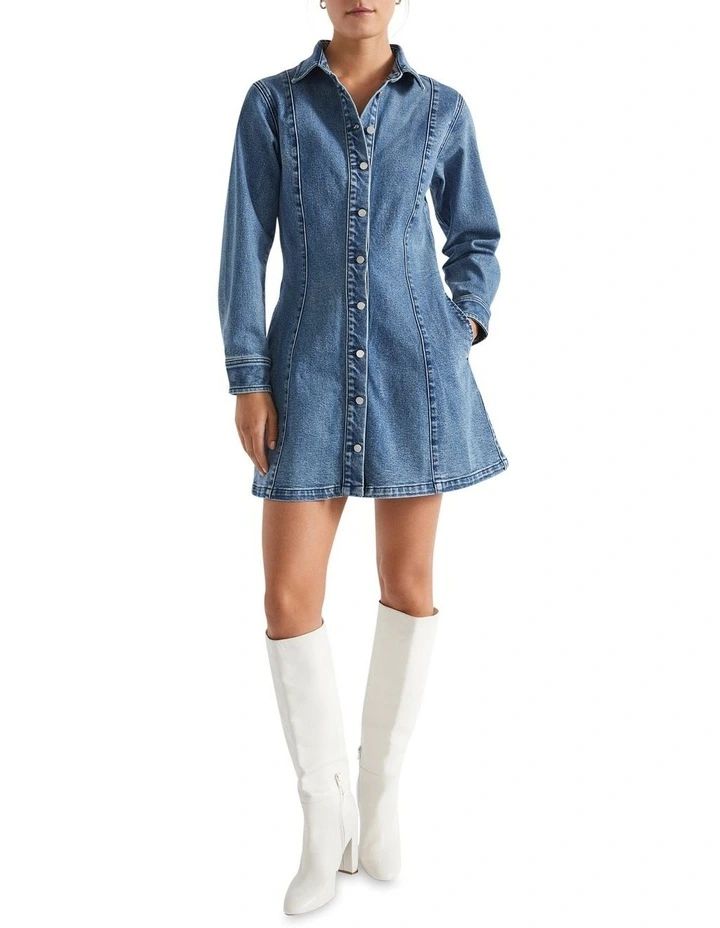 Denim Button Thru Mini Dress in Ultramarine Wash image 1