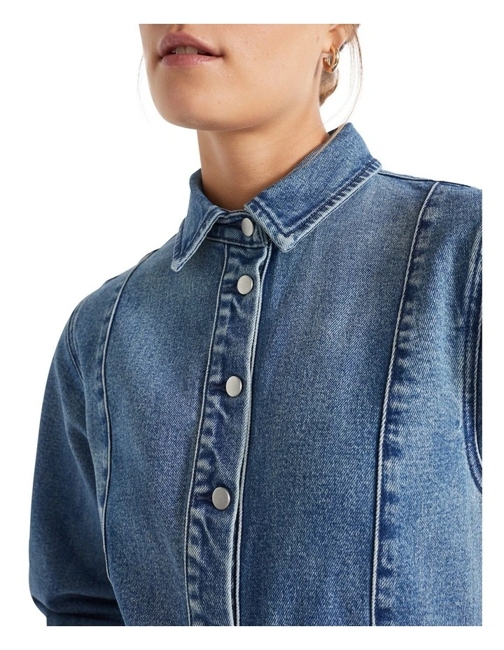 Denim Button Thru Mini Dress in Ultramarine Wash image 2