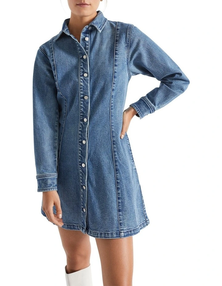 Denim Button Thru Mini Dress in Ultramarine Wash image 3