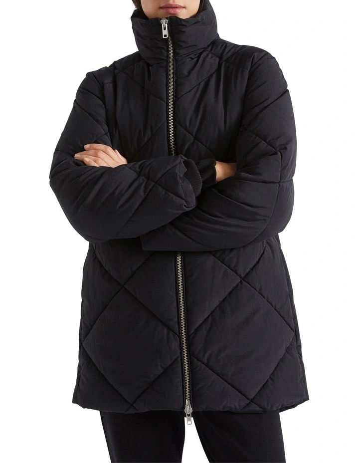 Mid Length Diamond Puffer Jacket in Black image 2