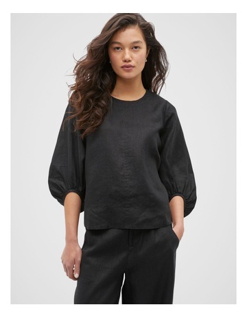 Seed Heritage Core Linen Balloon Sleeve Top in Black | MYER