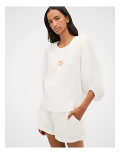 Core Linen Balloon Sleeve Top in Whisper White