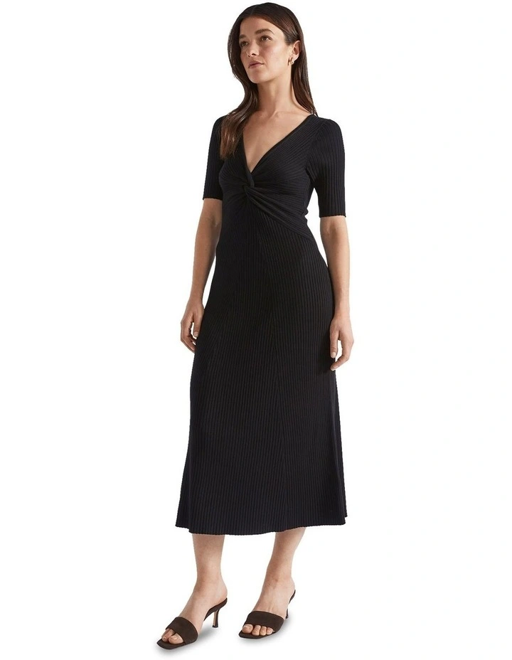 Twist Front Knit Midi Dress in Black image 2