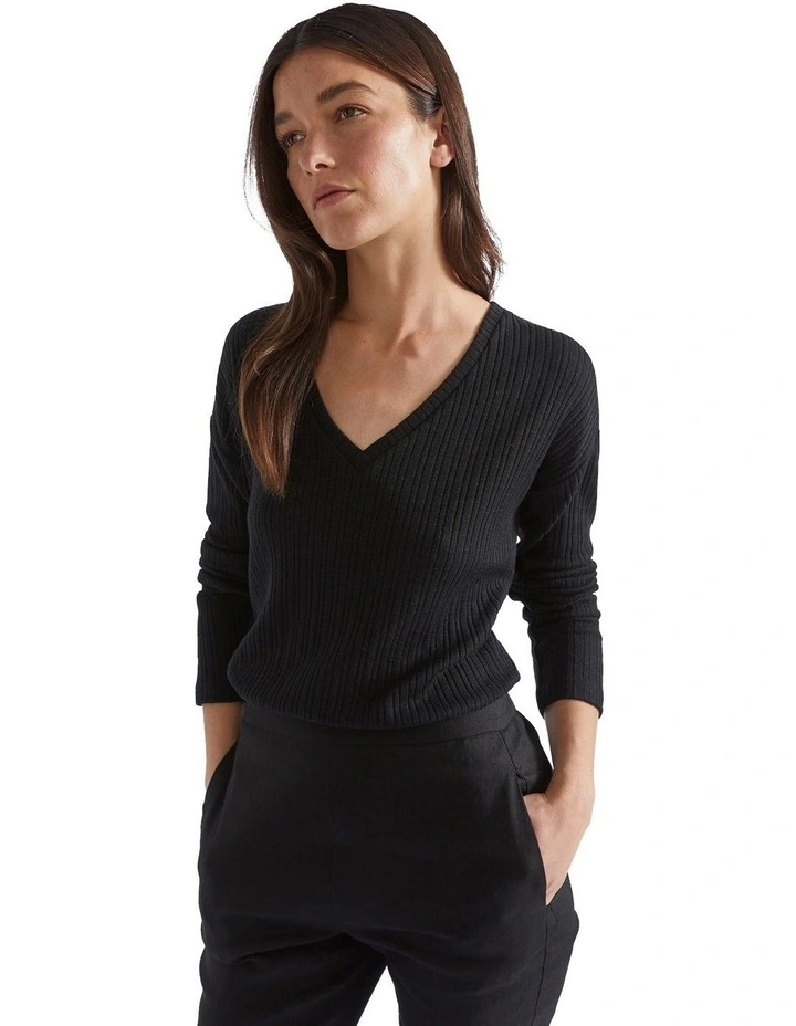 Textured V Neck Top in Black image 1