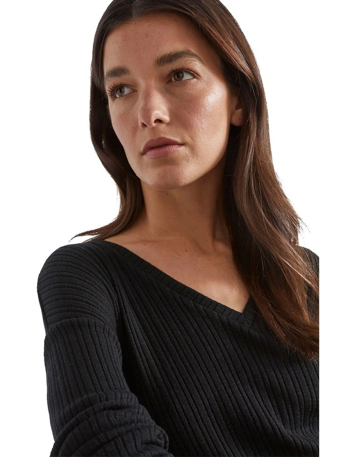 Textured V Neck Top in Black image 4