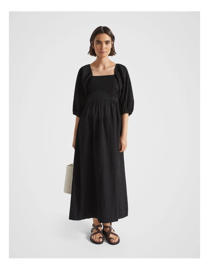 Cotton Crinkle Midi Dress in Black image 1