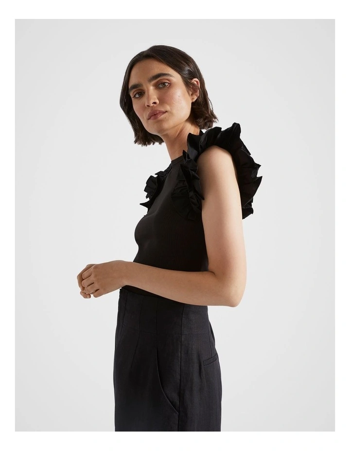 Ruffle Detail Tee in Black image 3