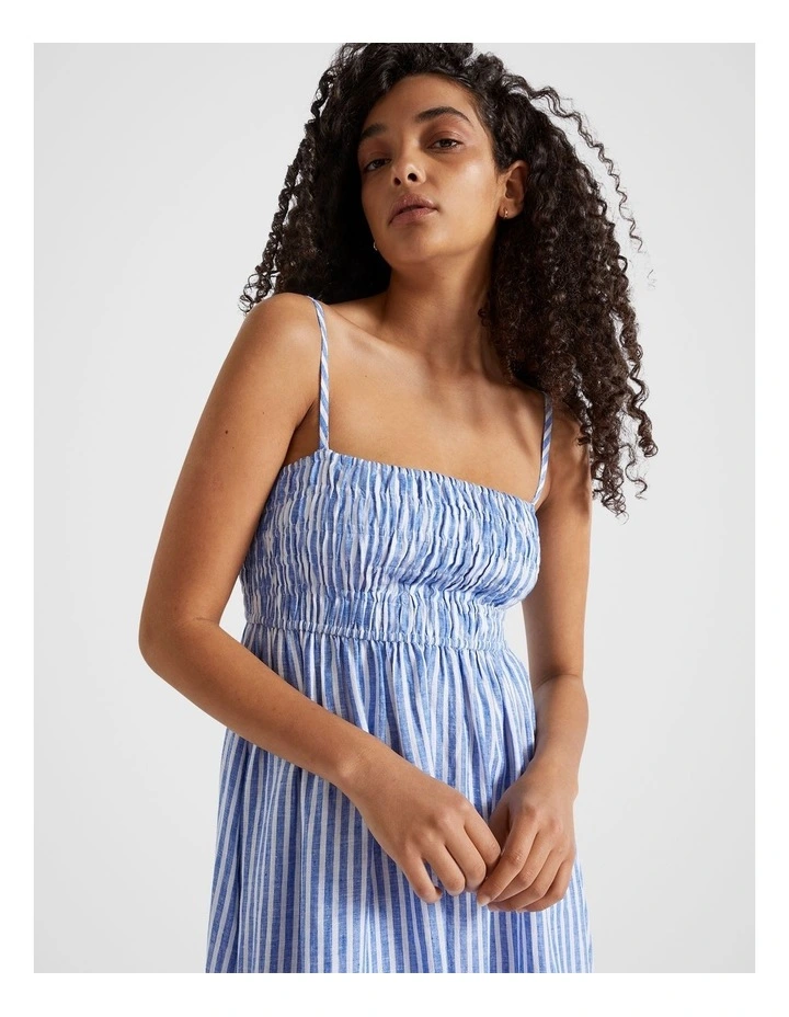 Linen Shirred Midi Dress in Deep Ocean Stripe image 2