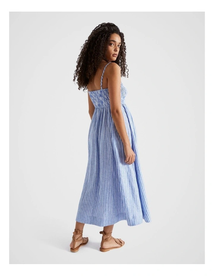Linen Shirred Midi Dress in Deep Ocean Stripe image 3