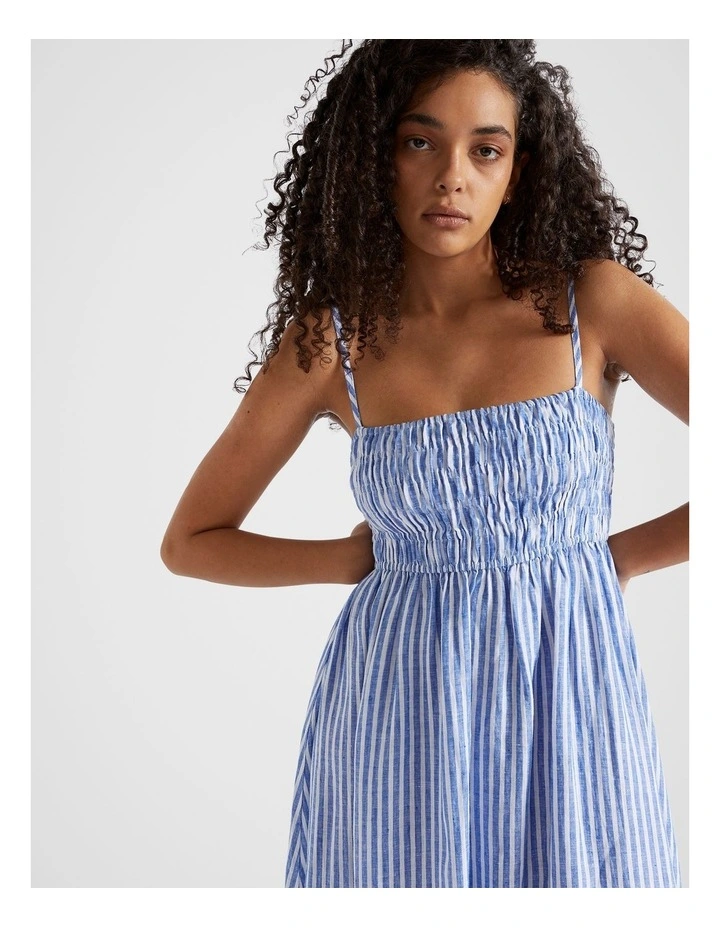 Linen Shirred Midi Dress in Deep Ocean Stripe image 4
