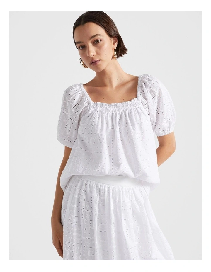 Broderie Square Neck Top in White image 2