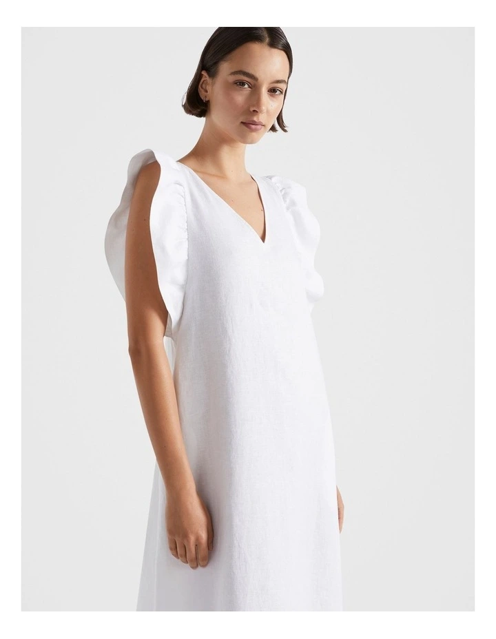 Linen Frill Sleeve Column Dress in White image 2