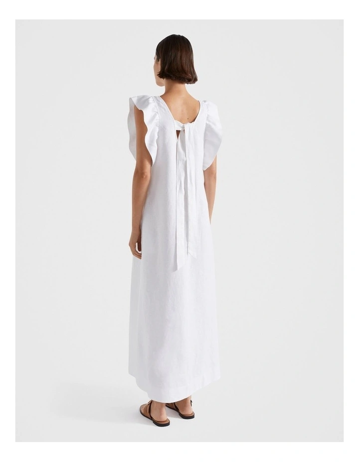 Linen Frill Sleeve Column Dress in White image 3