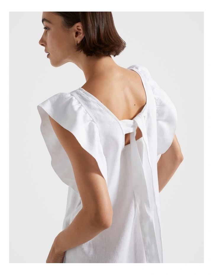 Linen Frill Sleeve Column Dress in White image 4