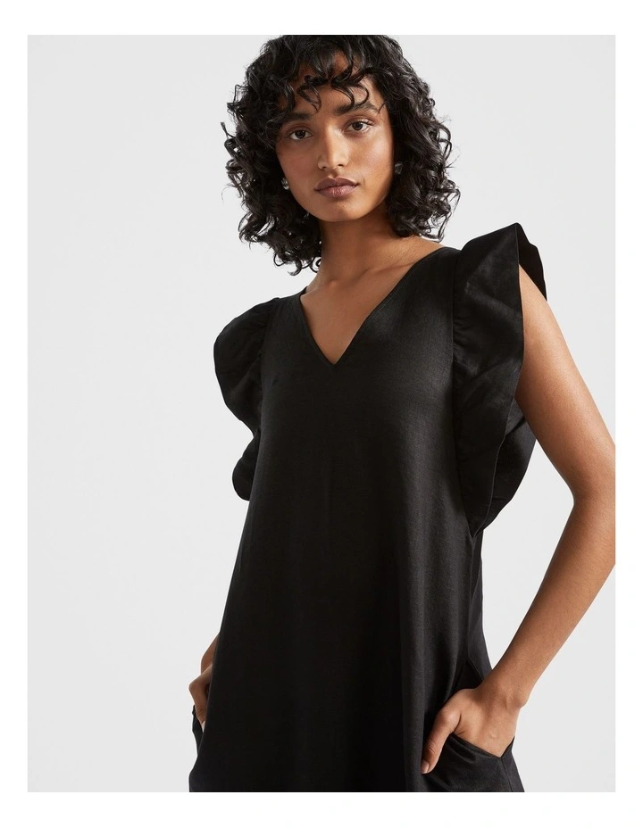 Linen Frill Sleeve Column Dress in Black image 2