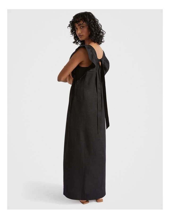 Linen Frill Sleeve Column Dress in Black image 3
