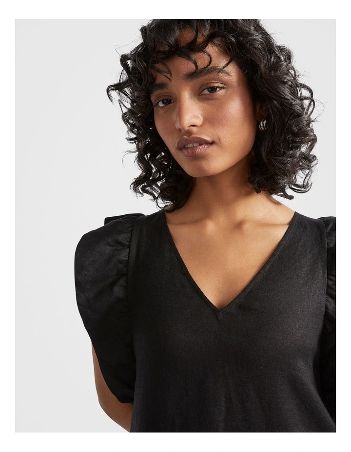Linen Frill Sleeve Column Dress in Black image 4
