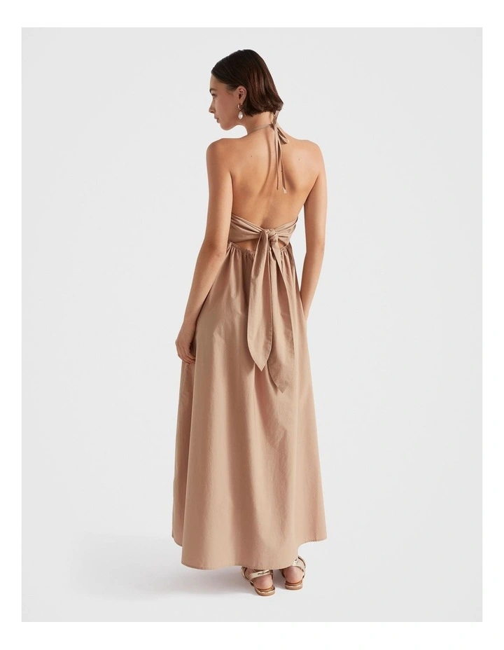 Cotton Halter Maxi Dress in Beige image 2