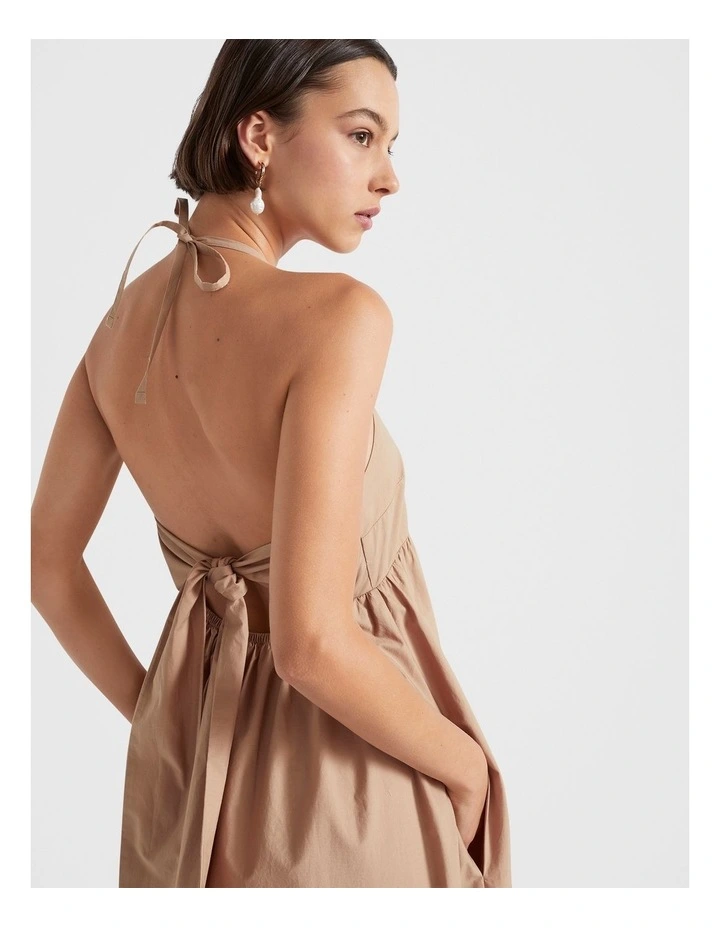 Cotton Halter Maxi Dress in Beige image 3
