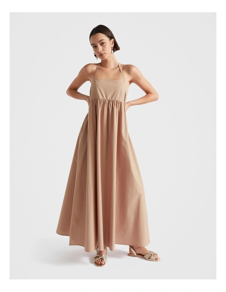 Cotton Halter Maxi Dress in Beige image 4