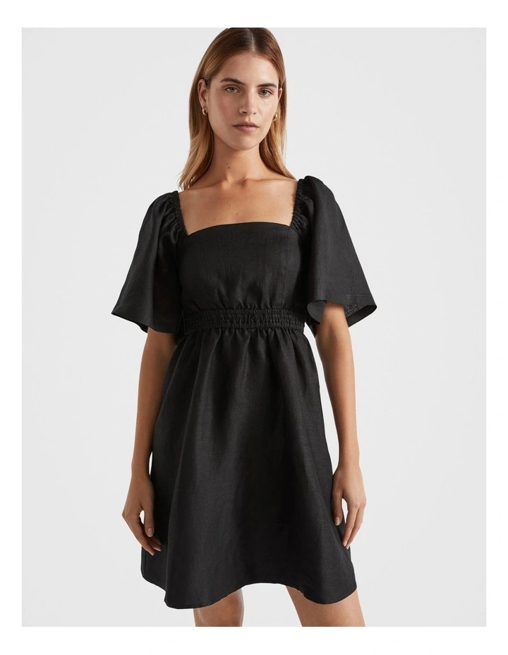 Linen Square Neck Mini Dress in Black image 1