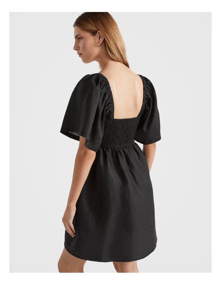 Linen Square Neck Mini Dress in Black image 2