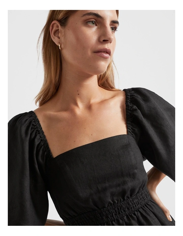 Linen Square Neck Mini Dress in Black image 3