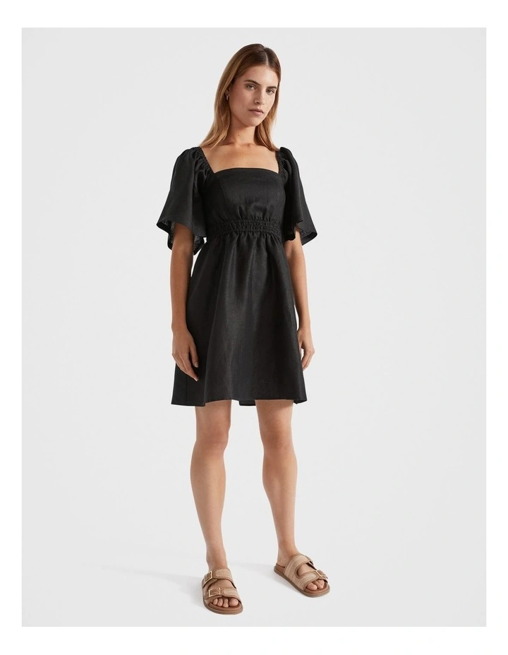 Linen Square Neck Mini Dress in Black image 4