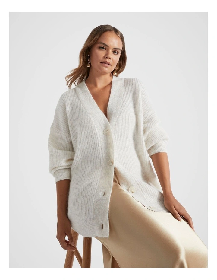 Mohair Blend Rib Oversized Cardigan in Oat Marle image 5