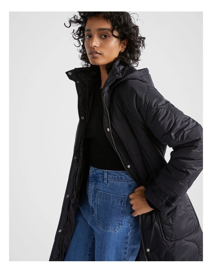 Longline Quilted Puffer Jacket in Black image 2
