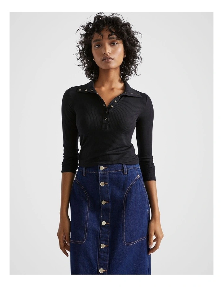 Core Rib Henley Top in Black image 1