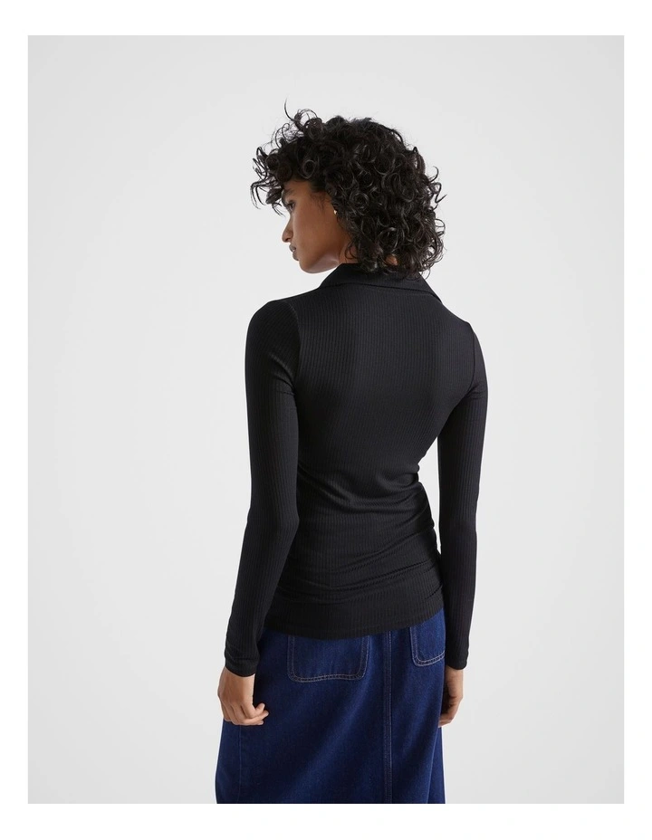 Core Rib Henley Top in Black image 2