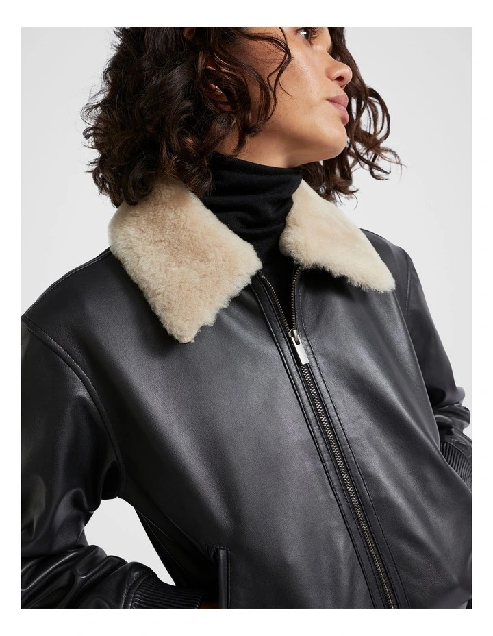 Leather Shearling Jacket in Black image 3