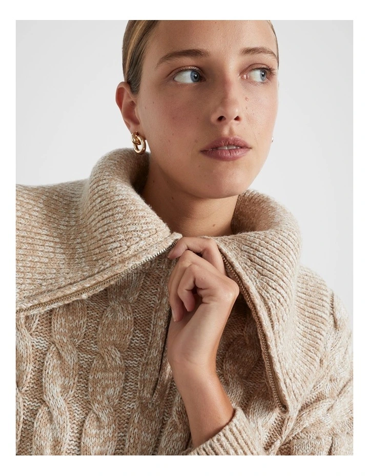 Cotton Blend Twist Cable Knit in Beige image 3