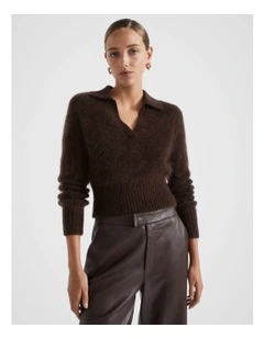 Mohair Crop Polo Knit in Brown