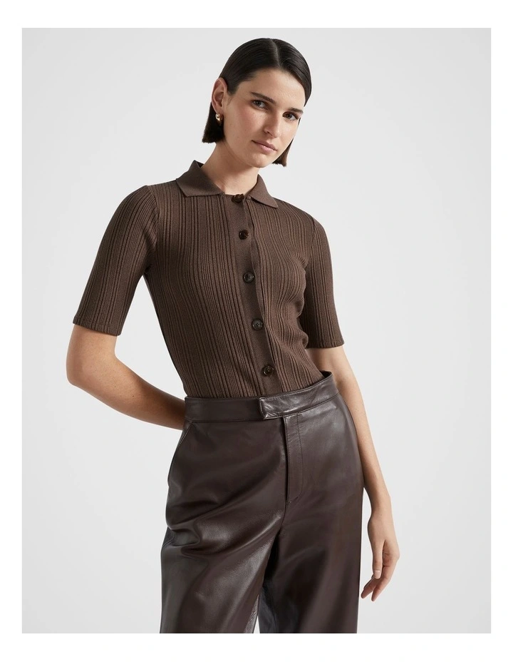 Half Sleeve Rib Polo Top in Dark Espresso Twist image 1