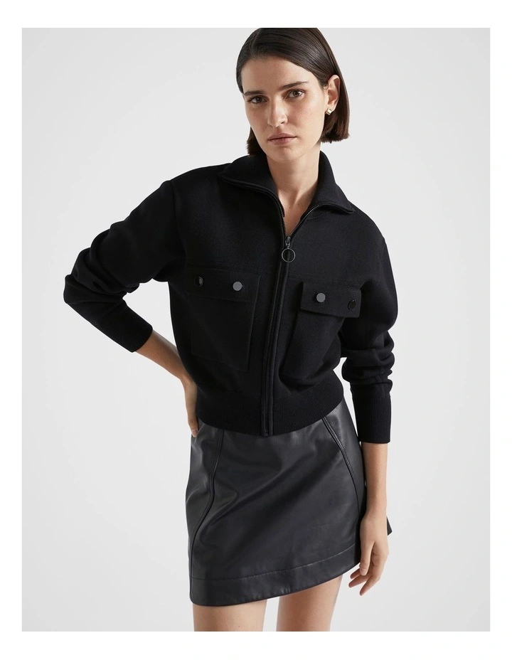 Double Knit Compact Zip Through Top in Black image 1