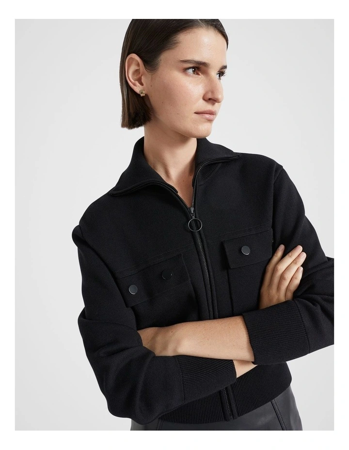 Double Knit Compact Zip Through Top in Black image 3