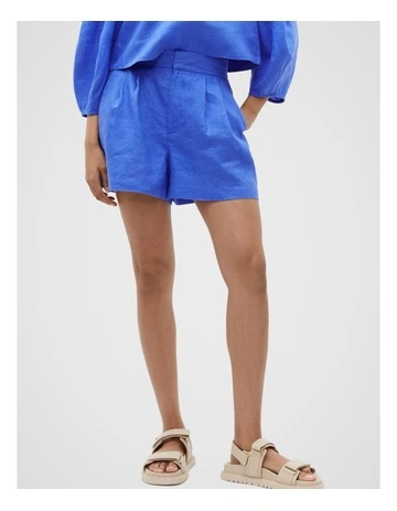 Linen Pleat Front Short in Deep Ocean