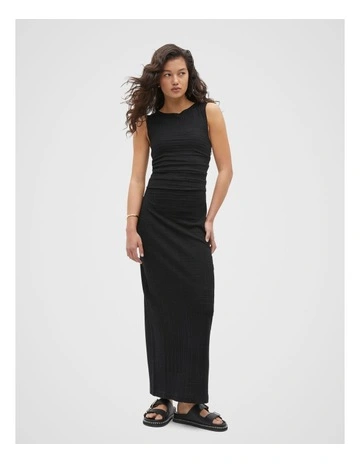 Textured Gathered Maxi Dress in Black