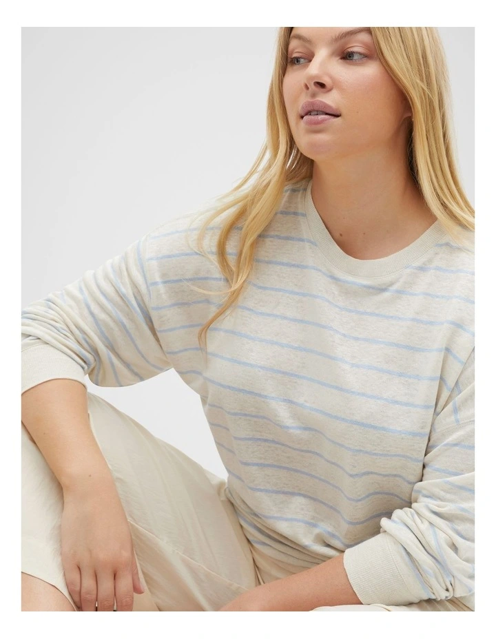Linen Stripe Long Sleeve Top in White image 7