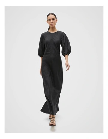 Linen Balloon Sleeve Slip Maxi Dress in Black