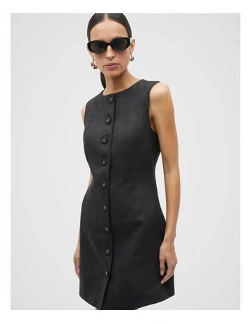 Linen Button Through Mini Dress in Black